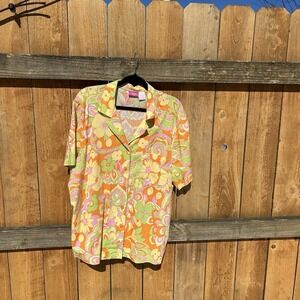 Pappagallo Woman Blouse Shirt Top 2X Button Short Sleeve Floral Bright Spring